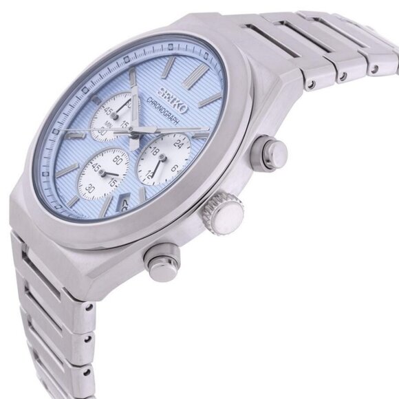 NWT Authentic Seiko Sport Chronograph Quartz Light Blue Dial Men's Watch - Picture 2 of 3